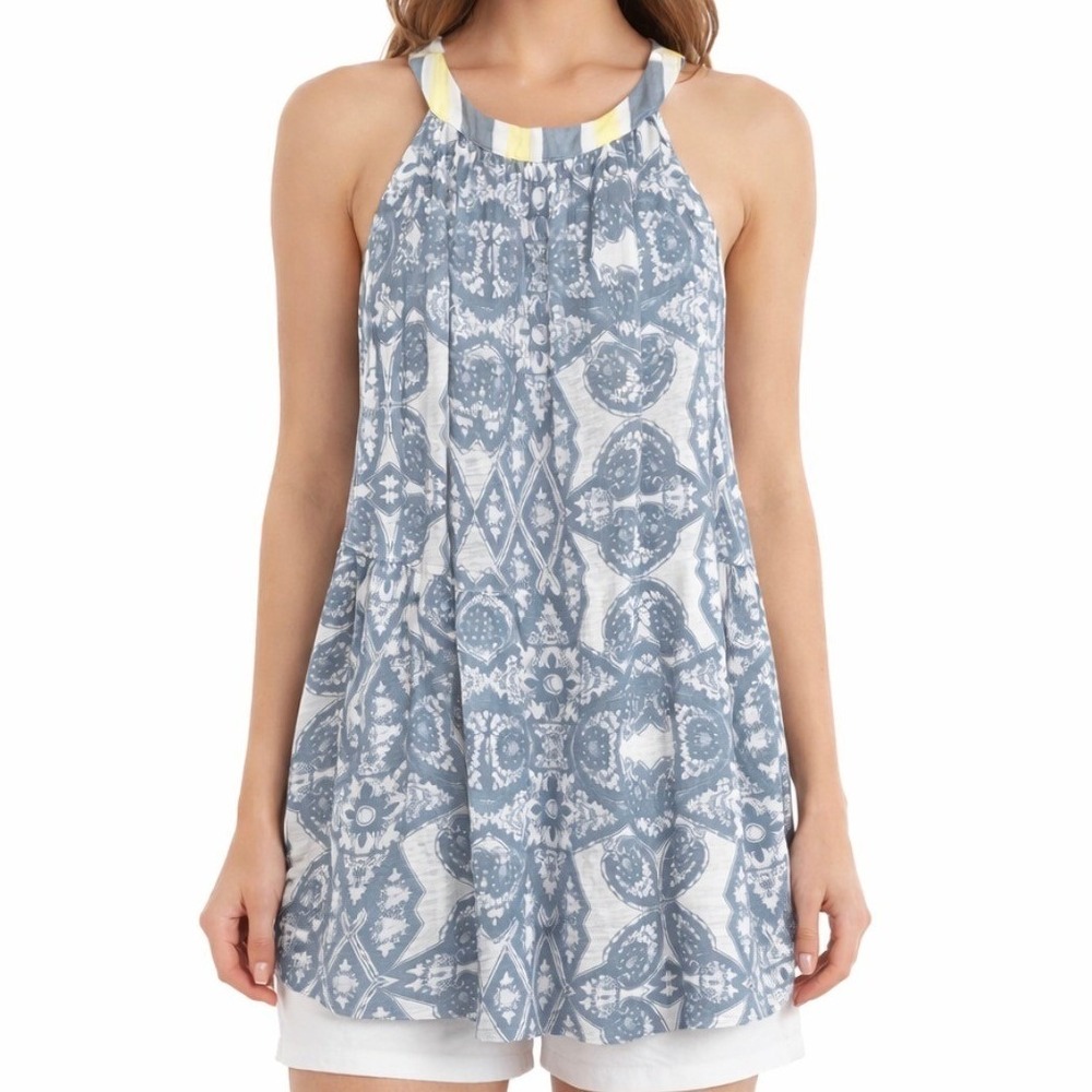Free People Tunic Blue White Yellow Paisley Halter‎ Neck Tiered Tank Top Size L